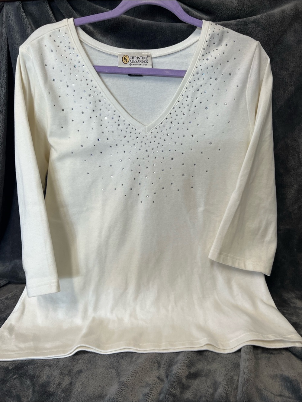 Christine Alexander Women's White V-Neck Embellished Rhinestones Top size XL